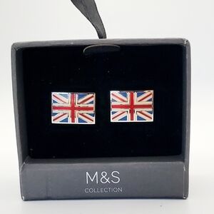 MARKS & SPENCER Men's British Flag Cufflinks - Red White & Blue Silver Tone NEW